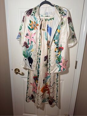 Floral Printed Satin Two-Piece Set in Cream with Multicolor Botanicals